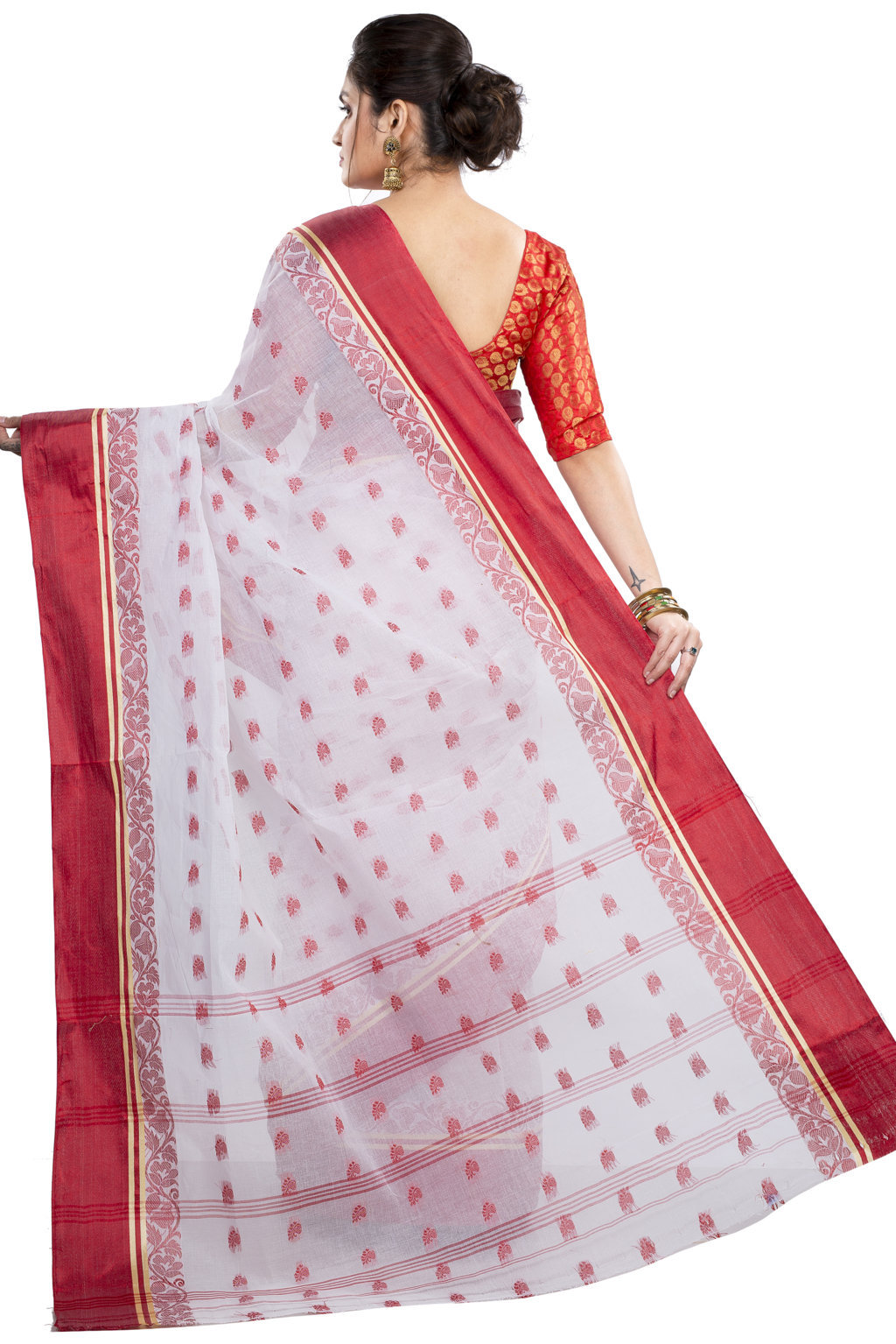 White Red Pure Cotton Sukla_Velvet Tant Saree (800)